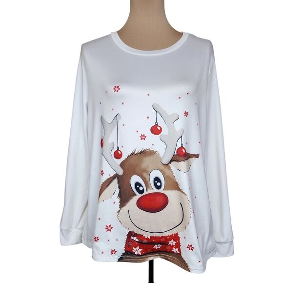 Charming Reindeer Graphic White Blouse - Picture 1 of 5